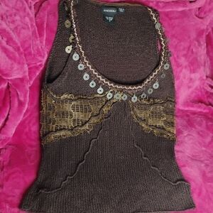 Radzoli Brown Embellished Ribbed Tank Top
